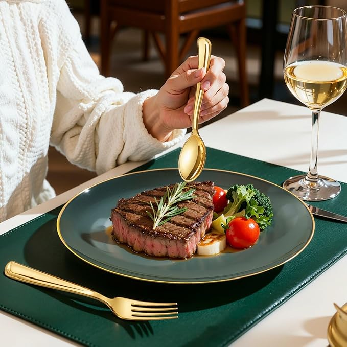 WDF 150Pcs Green Plastic Plates - Green Plates Disposable with Gold Rim - 25Guest Disposable Dinnerware Include 50 Plastic Plate 75 Gold Cutlery 25 9oz Cups for Wedding/Party/Birthday