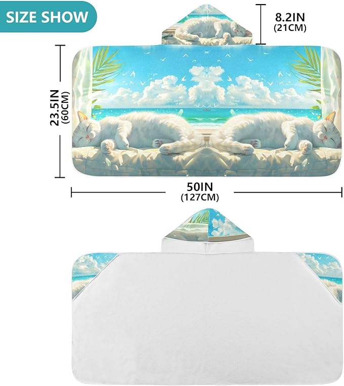 Hooded Towel for Kids Cute White Cat Lying and Basking Beach Wrap Bath Towels 50x23.5in