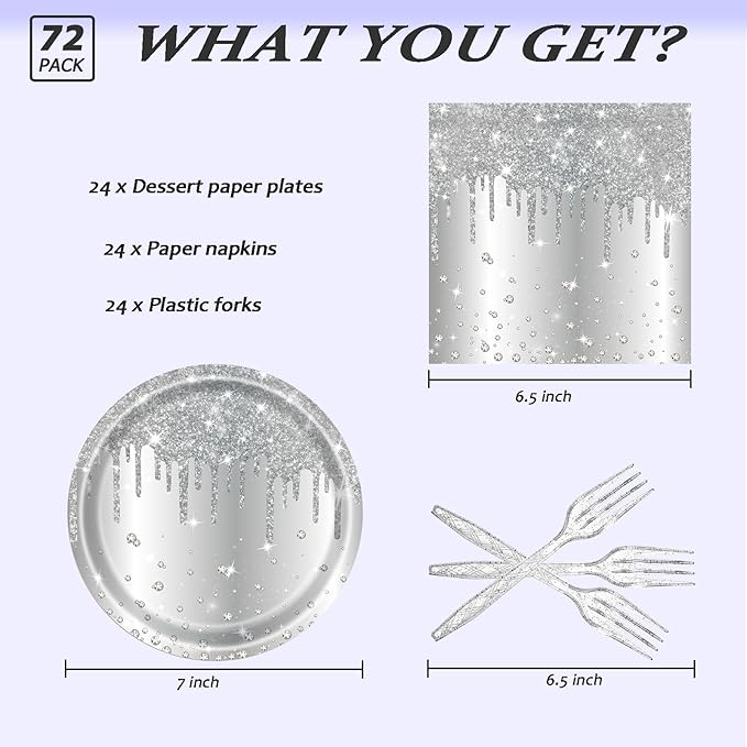 72 Pcs Silver Glitter Paper Plates 7in Disposable Paper Dessert Plates Napkins and Forks Party Tableware Set Happy Birthday Table Decorations for 24 Guests Silver Birthday Wedding Theme Party