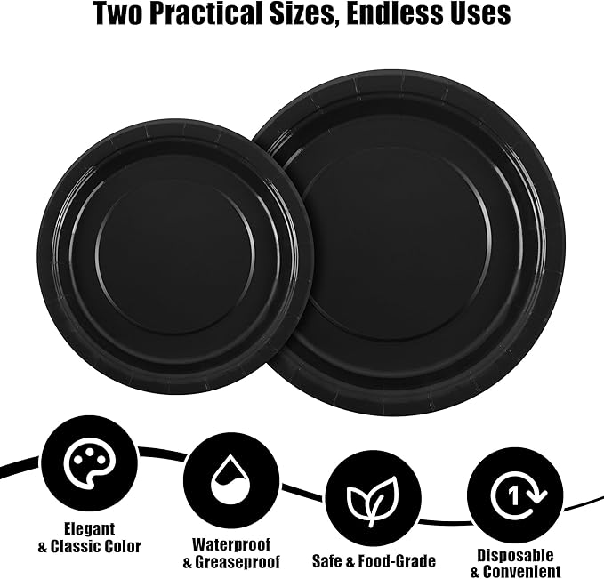 Kochorie 350 Pieces Black Dinnerware Set, 7 & 9 inch Dessert Paper Plates Cups Napkins Plastic Cutlery Disposable Party Supplies for Birthday Baby Shower Wedding, Serve 50 Guests