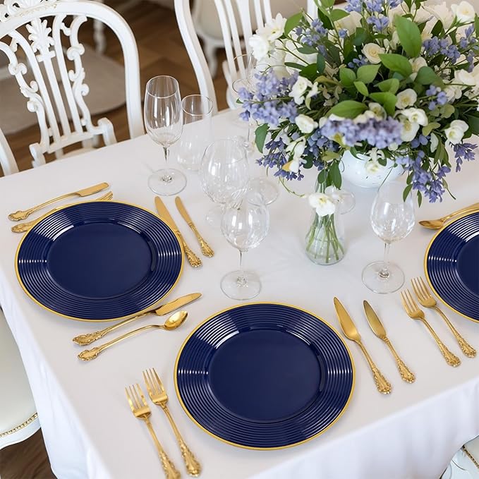 Liacere 100PCS Blue Plastic Plates - Heavy Duty Disposable Plates- Blue and Gold Plate 100PCS Dinner/Dessert Plate for Party & Graduation & Memorial Day