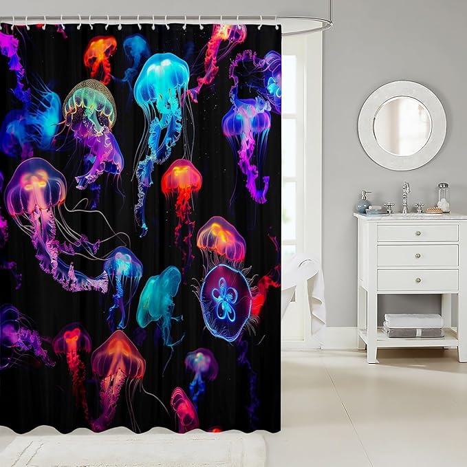 Erosebridal Jellyfish Printed Bath Curtain, Ocean Sealife Animal Bathroom Shower Curtain Colorful Jellyfish Shower Curtains, Bathroom Cloth Curtain Decor Waterproof with Hooks Polyester 72" W x 84" L
