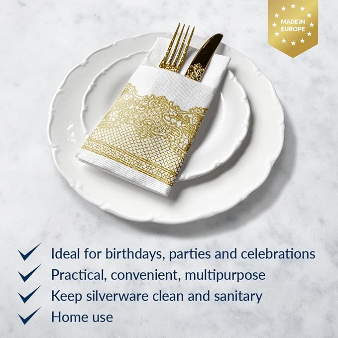PAW - Linen Feel Napkins with Built-in Flatware Pocket, Soft and Absorbent Paper Pre-Folded Napkins with Gold Lace, Elegant Guest Towels, Wedding Party, Dinner, Birthday, Gatherings, 50 Count