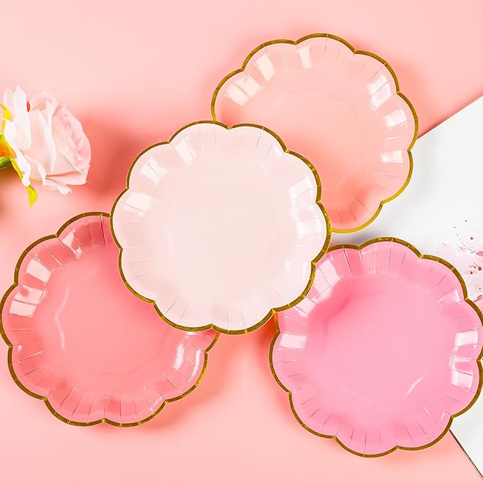 AimFun 48 Pcs Pink Party Plates Gradient Pink Dessert Paper Plates 7inch Gold Foil Scalloped Edge Disposable Cake Plates for Mothers Day Birthday Bridal Baby Shower Wedding Party Supplies