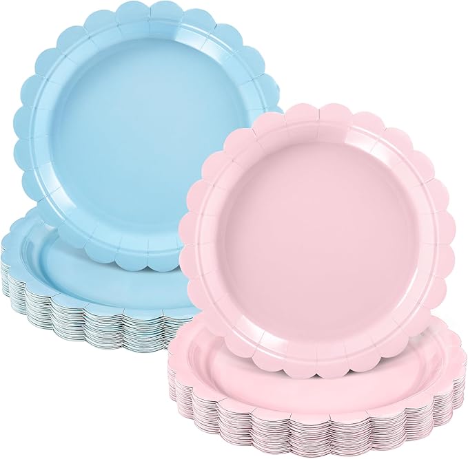 NatNarr 30 Pcs Gender Reveal Plates 9 Inch Disposable Scalloped Pink and Blue Plates Cute Dessert Cake Dinner Plate for Baby Shower, 1st Birthday
