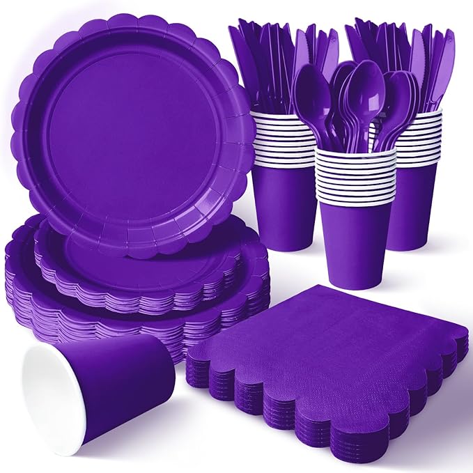 Vyntra 175 Pcs Deep Purple Disposable Paper Plates and Napkins Set for 25, 9" Dinner Plates & 7" Dessert Plates, Tableware for Birthday, Graduation, Party
