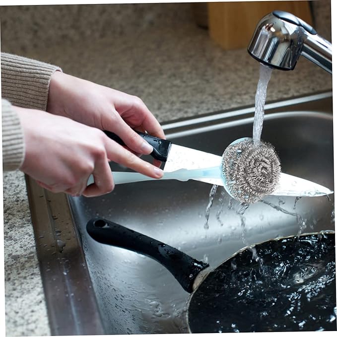OUNONA Steel Scrubber Cleaning Ball Set Stainless Steel Pot Scrubber with Handle Kitchen Supplies for Dish Cleaning Random Color