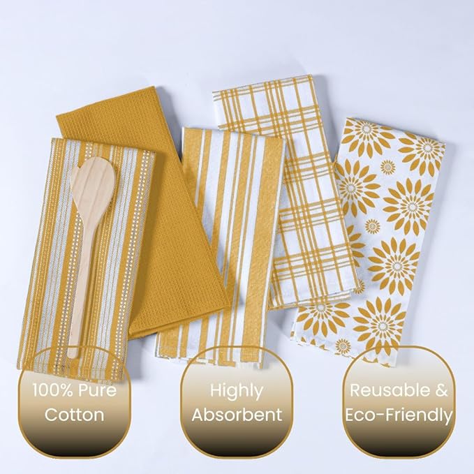 Assorted Kitchen Towels 16x26 inch 100% Cotton Set of 5 - Soft Absorbent Washable Tea Towel for Kitchen - Dish Cloths Towel with Hanging Loop - Quick Drying Dish Towels Mustard Yellow