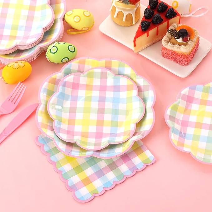 175 Pcs Easter Checkered Plates and Napkins Party Supplies - Easter Paper Plates Sets Serve 25 Guests - Spring Pink Blue Yellow Pastel Plaid Plate for Picnic Easter Birthday Party Decorations