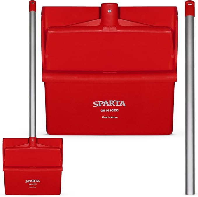 SPARTA Upright Dustpan with Aluminum Handle, Serrated Edge for Broom Combing, Secure Yoke Lock with Easy Storage Hanging Hole for Commercial Cleaning, Plastic, 30 Inches, Red