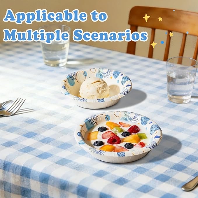 30 Pack Paper Bowls, 8 Oz Disposable Soup Bowl, Heavy Duty Printed Disposable Bowls Bulk For Snacks, Dessert, Breakfast, Lunch And Dinner Meals (Blue)