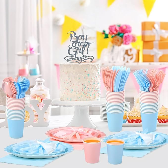Ziliny 350 Pcs Pink Blue Plates and Napkins, 50 Guest Spring Party Supplies Include Scalloped Paper Plates Napkins Cups Plastic Spoons Forks Knives Disposable Tableware Set for Baby Shower