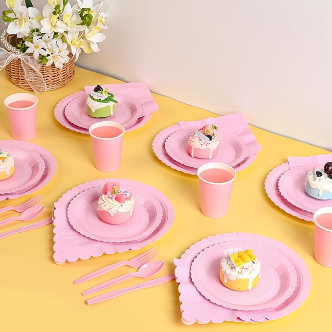 175 PCS Pink Paper Plates and Napkins Set, Pink Party Supplies for 25 Guests Include Scalloped Plate Paper Napkins Cups Knife Fork Spoon for Baby Shower, Birthday, Wedding, Easter Party, Mother's Day