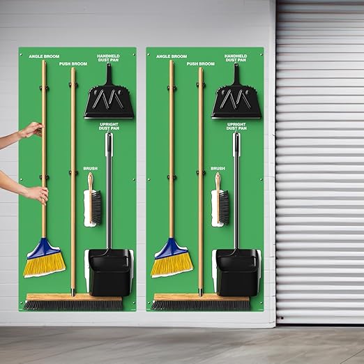 Clean & Sweep 5S Shadow Board/Wall Mount Broom Holder, 68" x 30" Board, 5S Cleaning Station - with Broom and Dustpan Set Included, Made in The USA by AccuformNMC, Green/White, PSB116GNWT