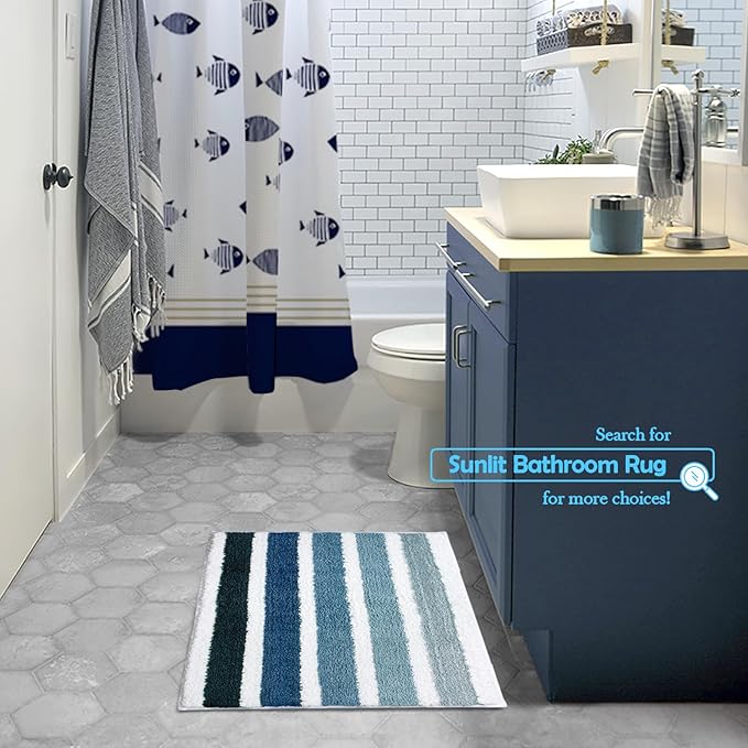 Sunlit Ombre Blue Bathroom Rug Nautical Bath Mat for Bathroom Non Slip 30"x20" Blue and White