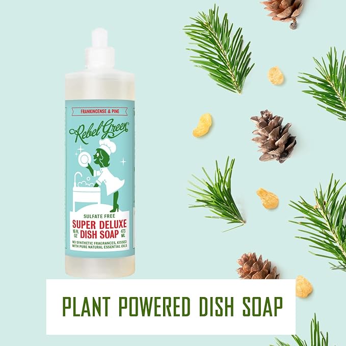 Rebel Green Super Deluxe Frankincense and Pine Scent Dish Soap, Sulfate Free, 16 Ounce (Pack of 4)