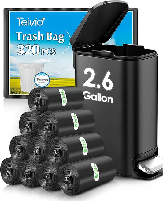 Teivio 2.6 Gallon 320 Counts Small Trash Bags Garbage Bags, Bathroom Trash Can Bin Liners, Small Plastic Bags for Home Office Kitchen Kitchen (Black)