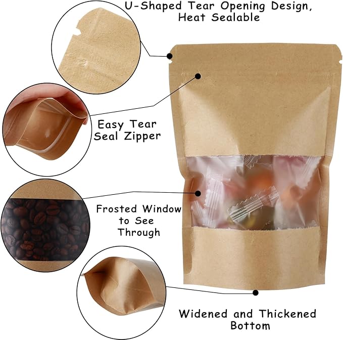 150 Kraft Mylar Bags for Food Storage 6X9 Mylar Bags with Window Candy Packaging Resealable Bags Reclosable Small Stand Up Pouches Edible Packaging, Kraft Paper Bags for Small Business