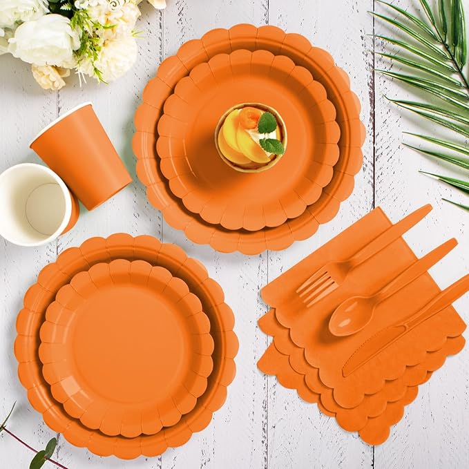 Vyntra 350 Pcs Orange Disposable Paper Plates and Napkins Set for 50, 9" Dinner Plates & 7" Dessert Plates, Tableware for Halloween, Fall Party, Birthday, Picnic