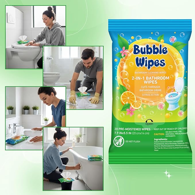 10-pack Bathroom Cleaning Wipes 100/200 Count 2-in-1 Citrus Scent Wipes Cleaner for Bathroom Toilet, Sink, Tile & Shower -Reusable Sealable Pouch, No Scrubbing Needed