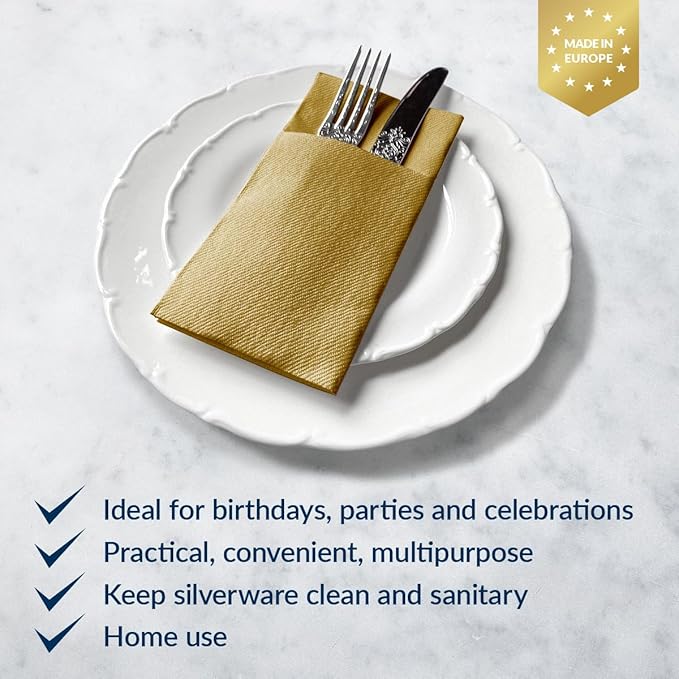 PAW - Linen Feel Napkins with Built-in Flatware Pocket, Elegant Paper Pre-Folded Napkins for Silverware, Wedding Party, Dinner, Birthday, Gatherings, Monocolor Gold, 50 Count