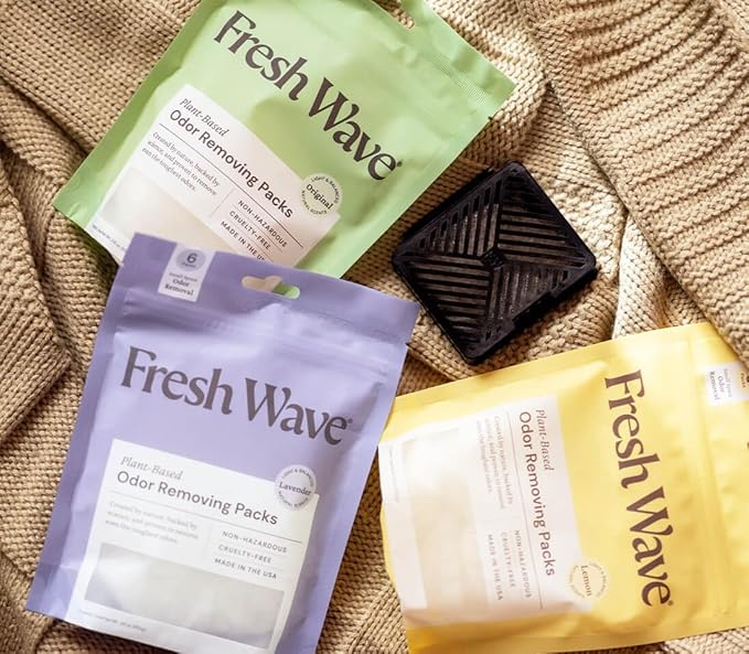 Fresh Wave Odor Removing Fresh Pod | 2 Refillable Fresh Pods & 2 Fresh Wave Packs | Safer Odor Relief | Natural Plant-Based Odor Eliminator for Small Spaces | Garbage Cans, Closets & Lockers
