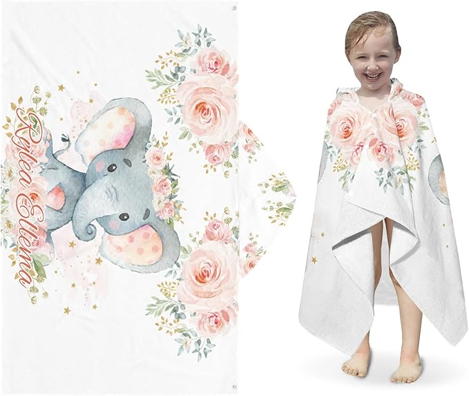 Girl Elephant Floral Personalized Kids Hooded Towel with Name Soft Absorbent Beach Pool Bath Towels Hood Poncho for Boys Girls