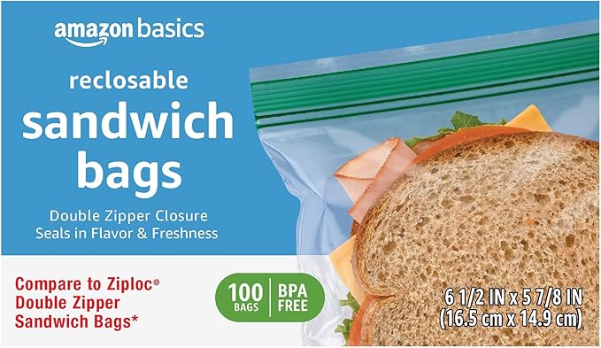 Amazon Basics Reclosable Double Zipper Sandwich Storage Bags for Food Storage, BPA Free, 100 Count (Pack of 2)