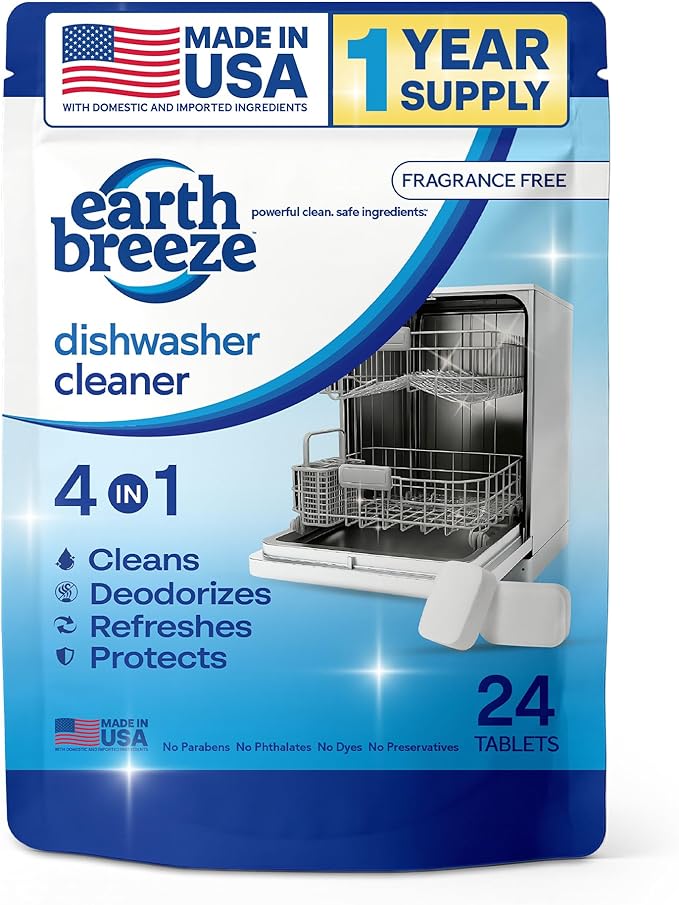 Earth Breeze Dishwasher Cleaner Tablets – 4-in-1 Cleans, Deodorizes, Refreshes & Protects – Removes Odor, Buildup & Residue – Fragrance Free, No Harsh Chemicals, Safe for All Dishwashers - Made in USA