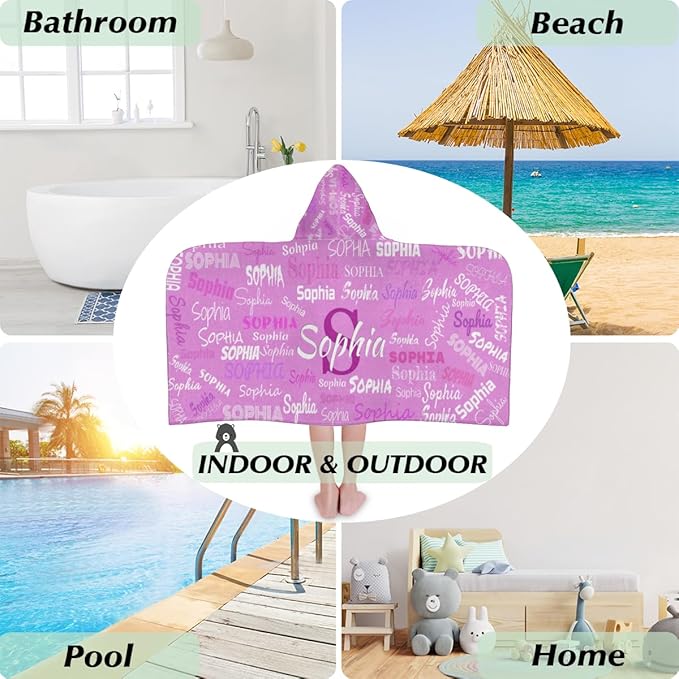 Personalized Hooded Bath Towels with Name, Custom Beach Towels for Kids Cotton Soft Swim Towels Camping Towels Toddler Beach Towels, Violet Purple Solid Color