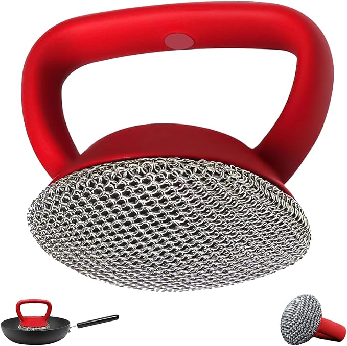 Cast Iron Scrubber with Handle 316L Stainless Steel Chainmail Scrubber for Cast Iron Pan Skillet Cleaner,Skillets and Grills (Red)