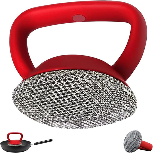 Cast Iron Scrubber with Handle 316L Stainless Steel Chainmail Scrubber for Cast Iron Pan Skillet Cleaner,Skillets and Grills (Red)