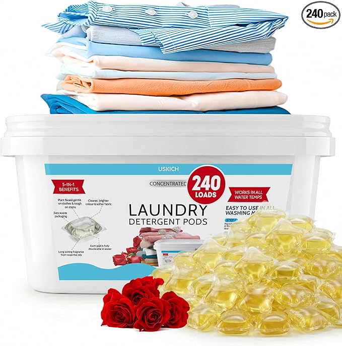 240 Pack Laundry Detergent Pods- 5-in-1 Stain Remover Laundry Soap Pods- Ultra Concentrated,Dissolvable Detergent Pods Bulk for Washing Machines,Rose Scent