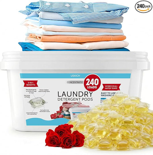 240 Pack Laundry Detergent Pods- 5-in-1 Stain Remover Laundry Soap Pods- Ultra Concentrated,Dissolvable Detergent Pods Bulk for Washing Machines,Rose Scent
