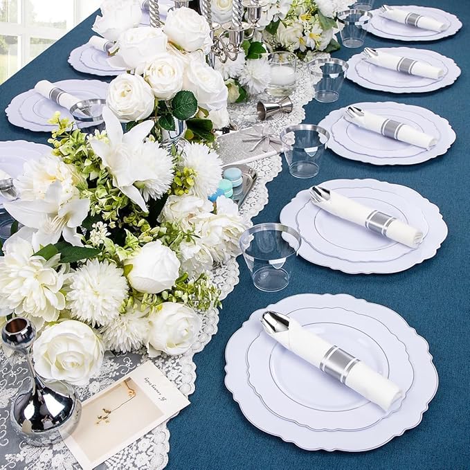Liacere 350PCS Silver Plastic Plates-Disposable White and Silver Plates 50guest Baroque Plastic Dinnerware Set include 100Plates, 50Pack Pre Rolled Napkins with Silverware 50Cups Perfect for Wedding
