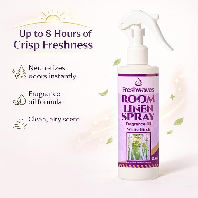 Freshwaves Room & Linen Spray | White Birch Fragrance Oil | 8.8oz Air Freshener | Odor Eliminator for Living Room, Bedroom, Bathroom & Office | White & Purple Bottle