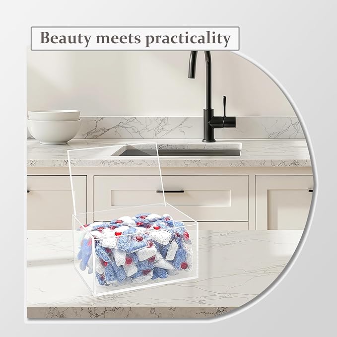 Dishwasher Pod Holder Acrylic with Hinged Lid, Modern Style Dishwasher Cleaner Tablets Container Box for Detergent, Clear