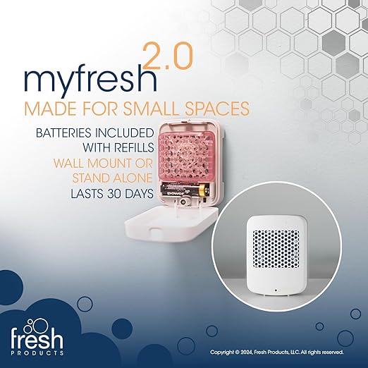 Fresh Products myfresh 2.0 Personal Air Freshener with Dry Fragrance Technology for Small Spaces Compact Design Motion Sensor Battery Included Seaside Breeze 6 pk