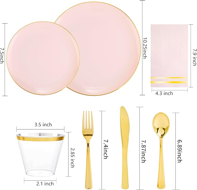 NOCCUR 350PCS Pink Plates Disposable - Pink Gold Plastic Dinnerware Set for 50 Guests Include 100 Dinner/Dessert Plates,150 Cutlery,50 Cups&50 Napkins - Ideal for Party/Wedding/Mother's Day