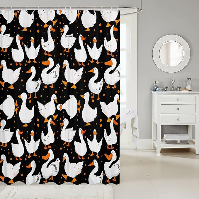 Homewish Cute Goose Bath Curtain Panel,Cartoon Farmhouse Livestock Animal Waterproof Fabric Shower Curtain,Kawaii Duck Hand Drawn Black Bathroom Curtain with 12 Hooks, 72Wx78L inch