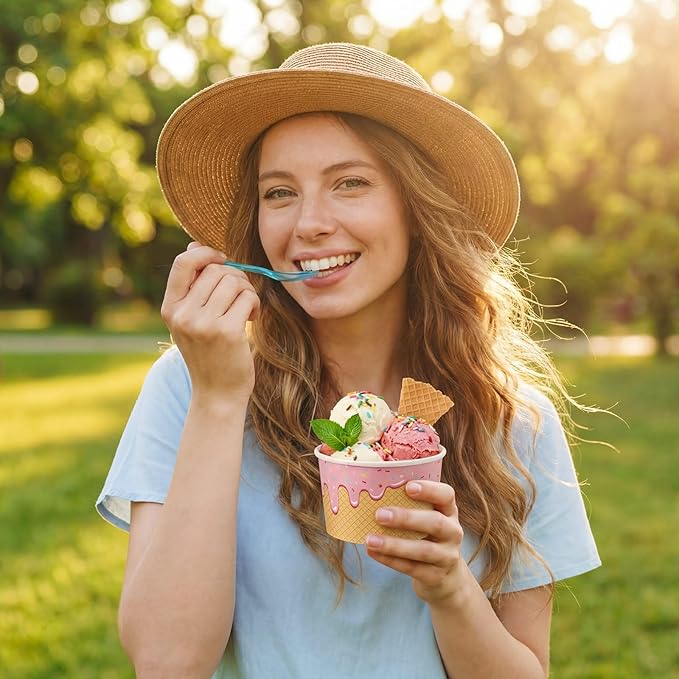 Jingmore 60 Set Paper Ice Cream Cups Bulk with Spoons 8 oz Disposable Sundae Bowls Colorful Paper Dessert Cups Containers for Snack Yogurt Soup Summer Bar Party Supplies