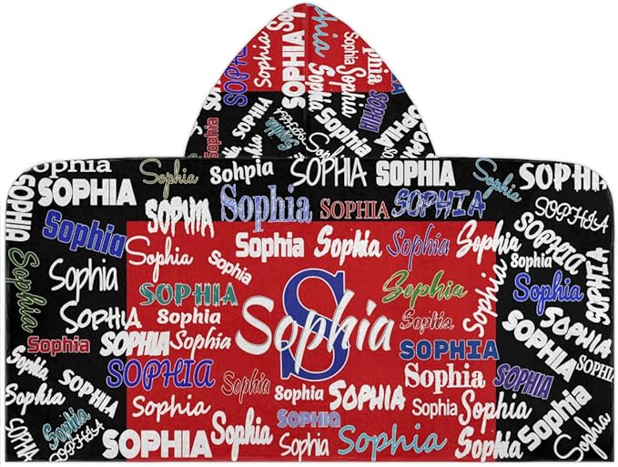 Personalized Hooded Towel Kids Beach Towels Name Custom Baby Toddlers Cotton Wrap Changing Robe for Shower Beach Trip Pool Bathrobe, Black and Red Color