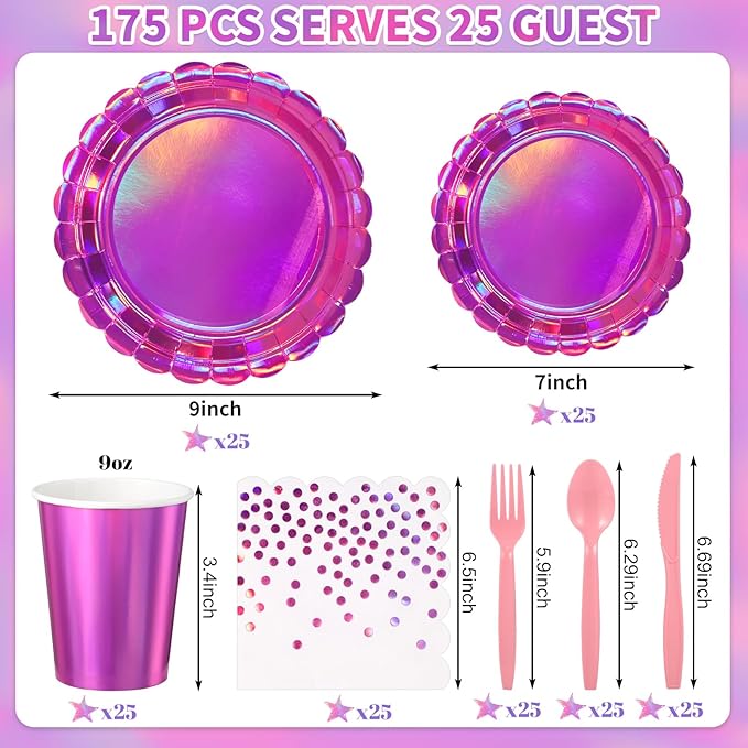 175 Pcs Iridescent Pink Party Supplies Include 25 guest Scalloped Holographic Pink Paper Plates and Napkins Set for Mermaid, Disco and Birthday Party Decor