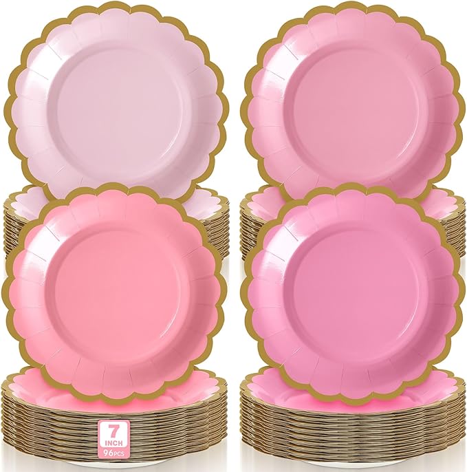 96 Pcs Valentine's Day Pink Paper Plates 7 Inch Scalloped Gradient Pink Disposable Dessert Plate for Coquette Bridal Wedding Galentines Birthday Baby Shower Party Supplies