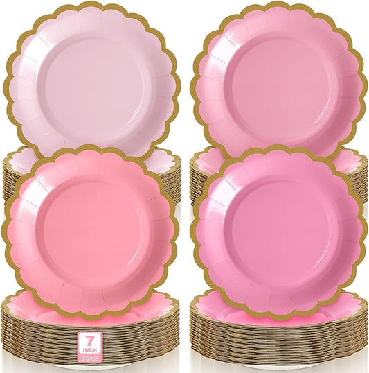 96 Pcs Valentine's Day Pink Paper Plates 7 Inch Scalloped Gradient Pink Disposable Dessert Plate for Coquette Bridal Wedding Galentines Birthday Baby Shower Party Supplies