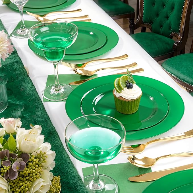 FLOWERCAT 60PCS Green Plates & St. Patrick's Day Plates - Heavy Duty Dark Green plates Disposable for Party&Event- Include 30PCS 10.25" Dinner Plates & 30PCS 7.5" Dessert Plates