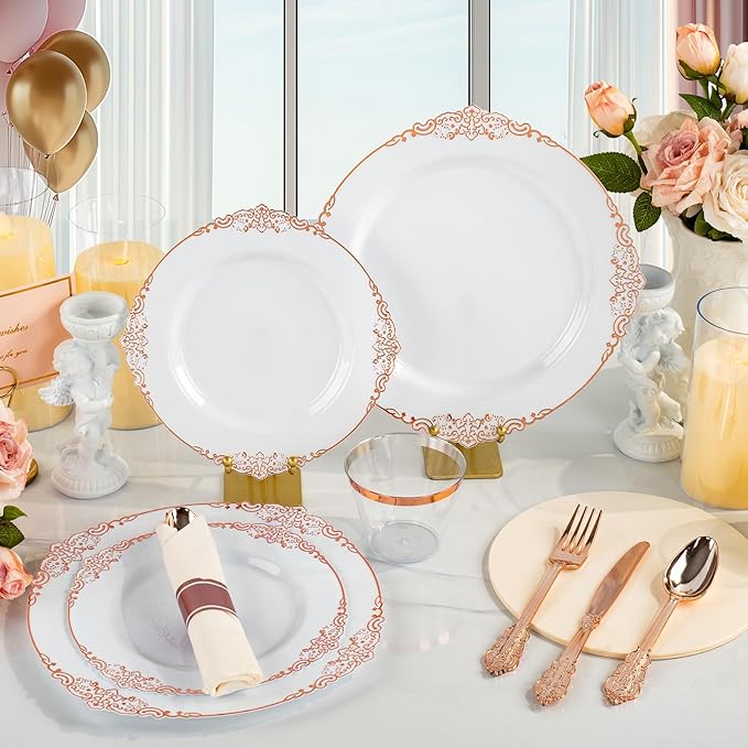 Bestluck 350PCS Rose Gold Plastic Plates for 50 Guests, Disposable Dinnerware Sets Include 100 Rose Gold Rim Plastic Plates, 50 Silverware and Cups, 50 Pre Rolled Napkins for Party, and Graduation