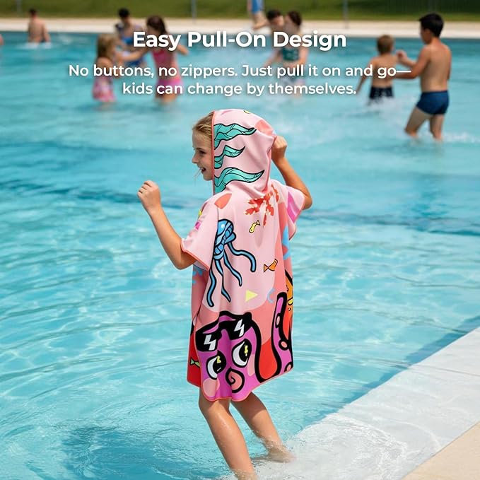Kids Hooded Beach Poncho, 66×70cm, Soft & Quick-Dry with Fun Ocean Prints, Lightweight Swim Towel for Pool, Beach & Water Park (Ages5–9) (Pink, Small)
