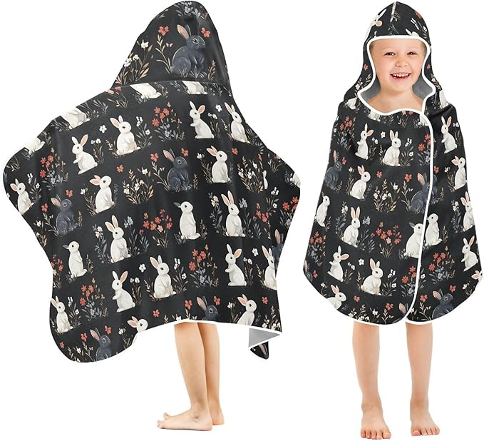 Beach Towel Cartoon Cute Bunny Black Hooded Beach Towel for Girl Boy Soft Kids Bath Towels with Hood