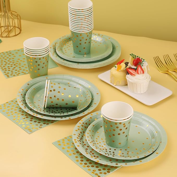 175 Pcs Sage Green Plates and Napkins Party Supplies - Sage Green Paper Plates Serve 25 Guests - Sage Green and Gold Disposable Plates Sets for Holiday Wedding Birthday Party Decoration